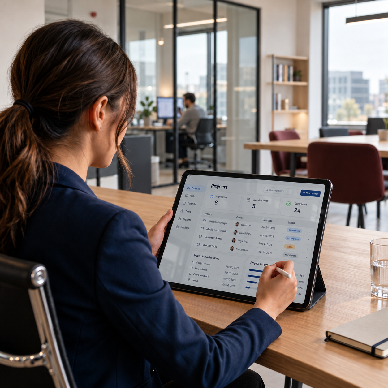 A product professional using a project dashboard on a tablet in a bright office